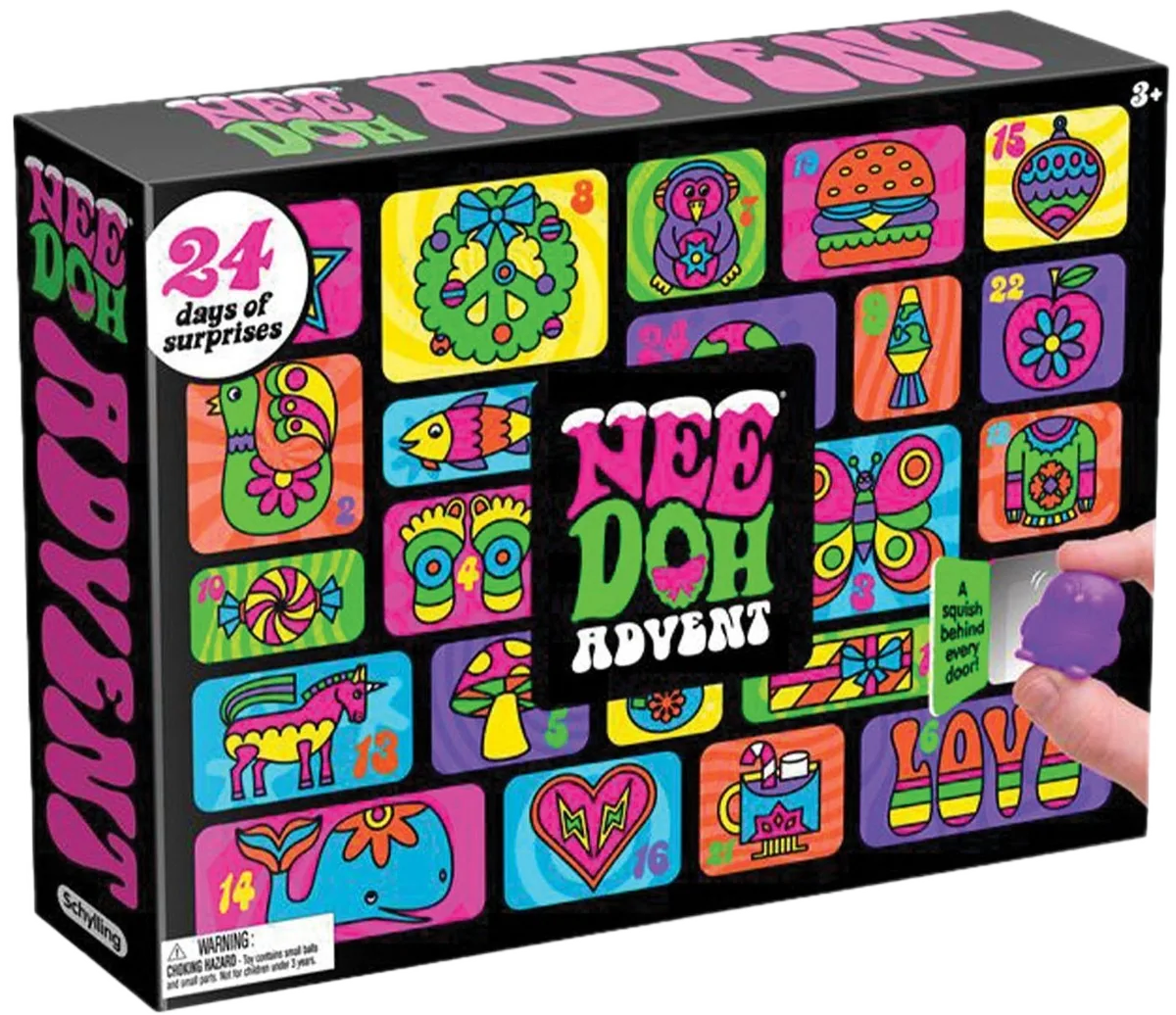 NeeDoh Advent Calendar box seen from an angle, with the NeeDoh Advent name printed along the side of the box