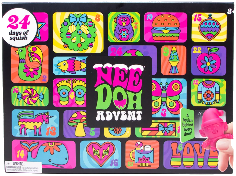 NeeDoh Advent Calendar, front of the box with 24 numbered doors