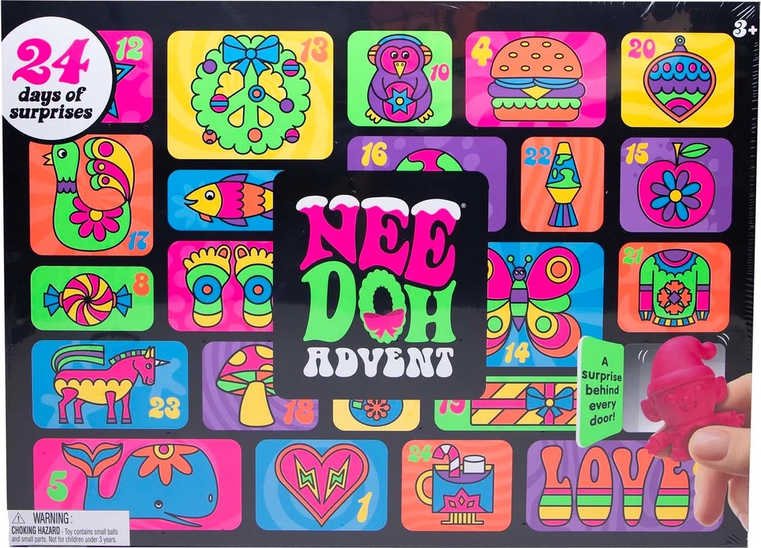 Close-up of the sealed NeeDoh Advent Calendar box front, with the 3+ age mark and choking hazard warning visible